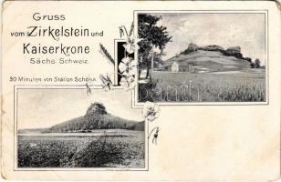 Sächsische Schweiz, Zirkelstein und Kaiserkröne bei Schöna / mountains. Art Nouveau, floral (worn corners)