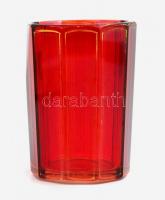 XIX. sz. rubin piros üveg pohár. Fújt, aranyozott, kopásokkal. 10 cm