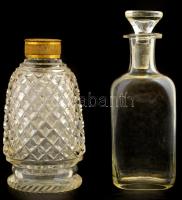 2 db régi üveg: réz fedeles kristály üvegcse 12 cm, régi gyógyszeres üveg, nem hozzávaló dugóval. 14,5 cm