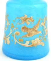 2 db antik, kék üvegcse. Formába fújt, kézzel festett, aranyozott, kevés kopással, a nagyobbik üvegd...