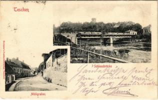 1902 Cieszyn, Teschen; Schlossbrücke, Mühlgraben / castle bridge, street view. Hutterers Postkartenverlag (EK)