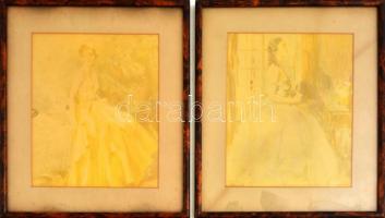 Olvashatatlan jelzéssel, 2 db mű: Hölgy portrék. Akvarell, papír, üvegezett keretben. Egyik keret hátoldalán Neustadtl Ernő képkeretgyár 1930-35 körüli címkéjével. 24x20 cm