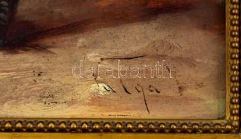 Olvashatatlan jelzéssel, feltehetően a XX. sz. első évtizedeiben működött festő munkája: Kinn, padon...