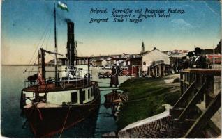 1916 Belgrade, Beograd; Save-Ufer mit Belgrader Festung / Száva-part a várral, gőzhajó / Save i tvrgja / riverside, ship station, steamship, fortress (EK)