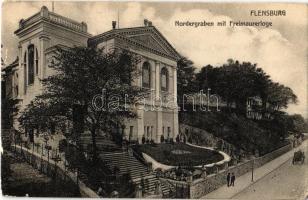 1910 Flensburg, Nordergraben mit Freimaurerloge / street view, masonic lodge (Freemasonry) (EK)