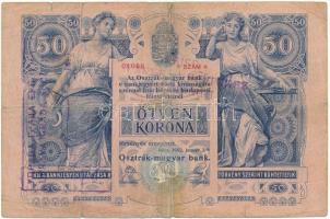 1902. 50K 1367 01055 horvát felülbélyegzéssel T:III-,IV ragasztott fo. Hungary 1902. 50 Korona 1367 01055 with Croatian overprint C:VG,G sticked Adamo K23Be