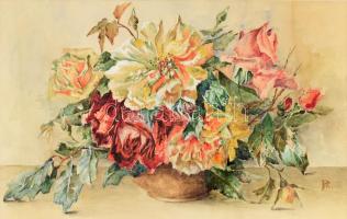 PML vagy PLM (?) monogrammal: Virágcsendélet. Akvarell, papír, farostra kasírozva. Üvegezett keretben. 24,5x39 cm