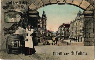 1915 Sankt Pölten, St. Poelten; Auf dein Wohl! Prosit aus St. Pölten / street view, tram, shops, restaurant. Art Nouveau frame, lady with wine (Rb)