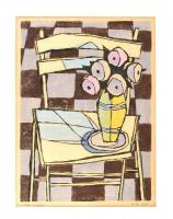 Zsille Győző (1925-2003): Szék virággal. Színes linómetszet, papír, kissé foltos. Jelzett, paszpartuban, 29,5x21,5 cm