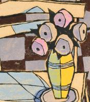 Zsille Győző (1925-2003): Szék virággal. Színes linómetszet, papír, kissé foltos. Jelzett, paszpartu...