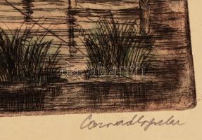 Conrád Gyula (1877-1959): Reggel a Dunán (Szentendre a túlparton). Színezett rézkarc, papír, jelzett...