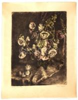 Kiss Terézia (1928- ): Mályvavirág. Színes rézkarc, karton, jelzett, lap alján apró foltokkal, 38,5x29,5 cm