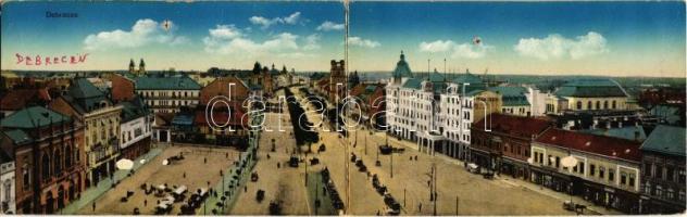 1915 Debrecen, látkép, villamos, piac, Bika szálloda, üzletek. kihajtható panorámalap (lyuk / pinhole)