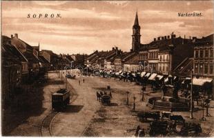 Sopron, Várkerület, villamos, Láng Frigyes üzlete, piaci árusok. Piri Dániel kiadása