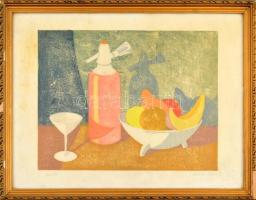 Zámor Sándor: Konyhai csendélet szikvízzel. Linómetszet, papír. Jelzett 24x31 cm Üvegezett keretben