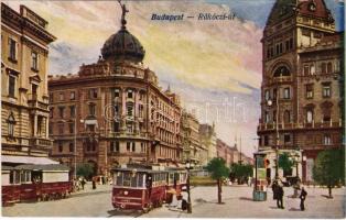 Budapest VIII. Rákóczi út, villamos, gyógyszertár, takarékpénztár