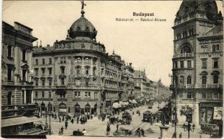 Budapest VIII. Rákóczi út, villamos, gyógyszertár, takarékpénztár (EK)