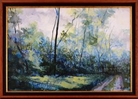 Keleti Jenő (1920-1998): Reggel a zöldben. Olaj, farost, jelzett, hátoldalán Artexpo címkéjével. Fa ...