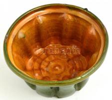 Festett, mázas kerámia kuglóf sütőforma, lepattanásokkal, m: 11 cm, d: 23 cm