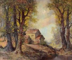 Brauer jelzéssel: Erdei ház. Olaj, farost, fa keretben, 52×60 cm
