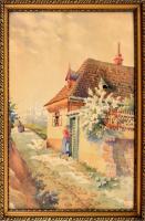 Tibai-Takács J 1932 jelzéssel: Tabán, háttérben a budai várnegyed. Akvarell, papír. Üvegezett fa ker...