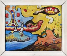 Balázs János jelzéssel: A szárnyaló teknős. Olaj, vászon, javított. Fa keretben, 55,5×68,5 cm