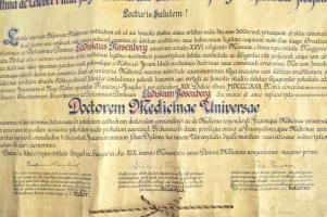 1921 A szegedi Ferenc József Tudományegyetem orvos doktori diplomája Rosenberg László részére, karto...