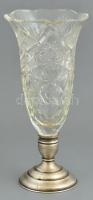 Csiszolt üveg váza ezüst(Ag) talppal, jelzett, apró csorbákkal, karcolásokkal, m: 30 cm