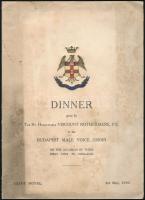 1930 Lord Rothermere, a magyar revíziós törekvéseket támogató angol főnemes által rendezett díszvacsora menükártyája. A londoni Savoy hotelben rendezett eseményen a Budapesti Férfi Kórust látta vendégül. 4p. Megviselt, foltos