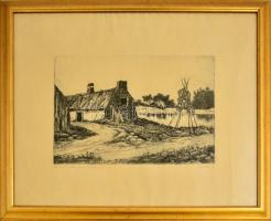 Gácsi Mihály (1926-1987): Halász tanya. Rézkarc, papír, jelzett, számozott (79/100), üvegezett fa ke...