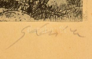 Gácsi Mihály (1926-1987): Halász tanya. Rézkarc, papír, jelzett, számozott (79/100), üvegezett fa ke...