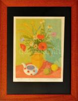 Réti Mátyás (1922-2002): Csendélet. Színes linómetszet, papír, jelzett, lap alja foltos. Üvegezett f...