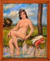 Király Béla (1902-1985): Fürdőző akt. Olaj, rétegelt lemez, jelzett, fa keretben , 59×49 cm