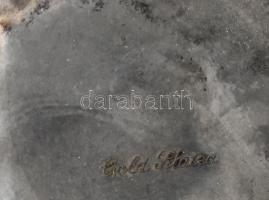 Jelzett ezüstözött fém tálca, kopottas állapotban, 38,5x26  cm + 6 db jelzett aranyozott fém pohár, ...