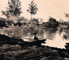 Csergezán Pál (1924-1996): Tiszapart. Rézkarc, papír, jelzett, apró foltokkal, 18×29 cm