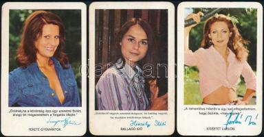 3 db színésznőket ábrázoló 1977-ből származó ás általuk aláírt kártyanaptár: Bordán Irén, Sunyovszky Szilvia, Hűvösvölgyi Ildikó, hátoldaluk kissé sérült (feltehetően korábban ragasztva)