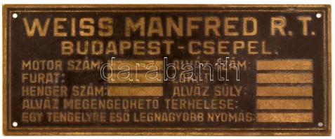 Weiss Manfred Rt. Budapest-Csepel gyártmányú jármű réz táblája, 4,5x12 cm