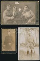 cca 1910-1914 Vegyes katonai fotó tétel, 3 db, keményhátú fotók, fotólap, kopásnyomokkal, az egyik felületén kopásnyomokkal, 10x6 cm és 10x16 cm közötti méretben