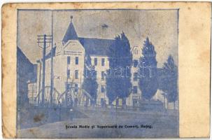 1924 Hátszeg, Hateg; Scoala Medie si Superioara de Comert / kereskedelmi iskola, híd / school of commerce, bridge (gyűrődés / crease)