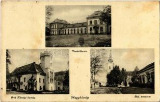 1941 Nagykároly, Carei; Vasútállomás, Gróf Károlyi kastély, Református templom / railway station, castle, Calvinist church (fl)