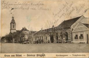 1909 Billéd, Biled; Templom utca, Tenner Ignác üzlete. A. Weiser kiadása / Kirchengasse / street, church, shops (EK)
