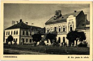 1943 Csíkszereda, Miercurea Ciuc; M. kir. posta és iskola. Vákár L. kiadása / post office, school