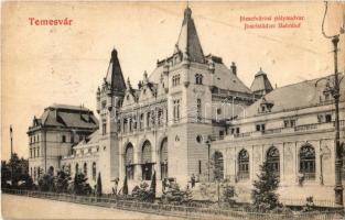 1908 Temesvár, Timisoara; Józsefvárosi pályaudvar, vasútállomás. Kinn Ede kiadása / Josefstädter Bahnhof / railway station (felületi sérülés / surface damage)