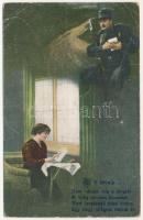 1916 Az ő levele / WWI Austro-Hungarian K.u.K. military art postcard, romantic couple. B.N.K. 5050. (ázott / wet damage)