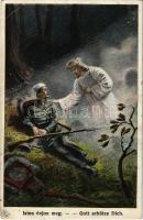 1915 Isten óvjon meg / Gott schütze Dich / WWI Austro-Hungarian K.u.K. military art postcard, injured soldier with Jesus. L&P 1674. (EK)