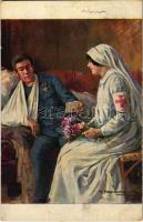 Levél hazulról / Der Brief aus der Heimat / WWI Austro-Hungarian K.u.K. military art postcard, injured soldier with Red Cross nurse, letter from home. J.P.P. 1118. s: M. Martinková