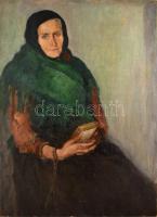 Jelzés nélkül, feltehetően a XX. sz. első felében működött (nagybányai?) festő alkotása: Idős hölgy portréja. Olaj, vászon, javított. 97×70 cm