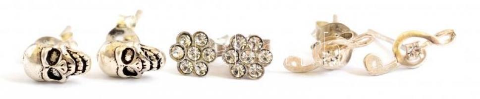 Ezüst(Ag) 3 pár köves fülbevalópár, közte egy halálfejes, jelzett, bruttó: 2,24 g