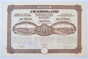 Románia / Lugos 1925. J. Muschong & Comp Gőztégla-És Tetőcserépgyárak Rt Részvény 25.000 Lei-ről (25db részvény egyenként 1000 Lei értékben), szelvényekkel, bélyegzéssel és szárazpecséttel T:I,I- Romania / Lugoj 1925. J. Muschong & Comp Steam Brick Factory Corporation share about 25.000 Lei (25 share, each with a denomination of 1000 Lei) with lilac stamp Nominalizat-Proprietar: Margareta Muschong maritata Sladadek - Domiciliu Lugoj and embossed stamp C:UNC,AU