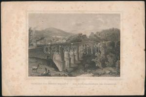 Ludwig Rohbock (1820-1883): Vaspályai híd Pozsony mellett/ Die Eisenbahnbrücke bei Pressburg, acélmetszet, jelzett a metszeten, foltos, 13x17 cm